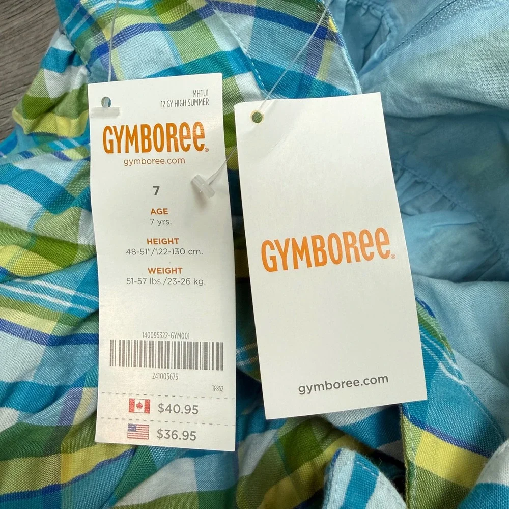 Gymboree Girls Blue Green Plaid Halter Dress 3D Flower Rhinestone Size 7 NWT